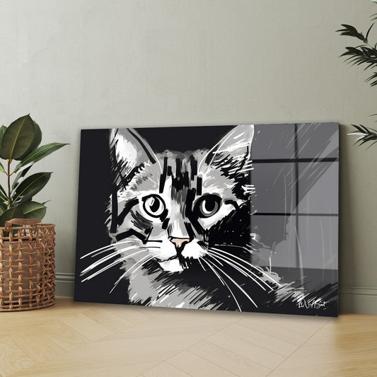 Siyah Beyaz Kedi 3 cam tablo — iç mekân uygulama örneği