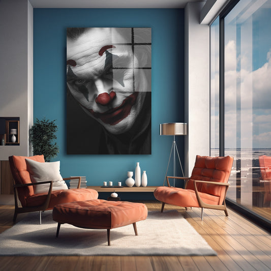 Siyah Beyaz Palyaço cam tablo — farklı açıdan görünüm