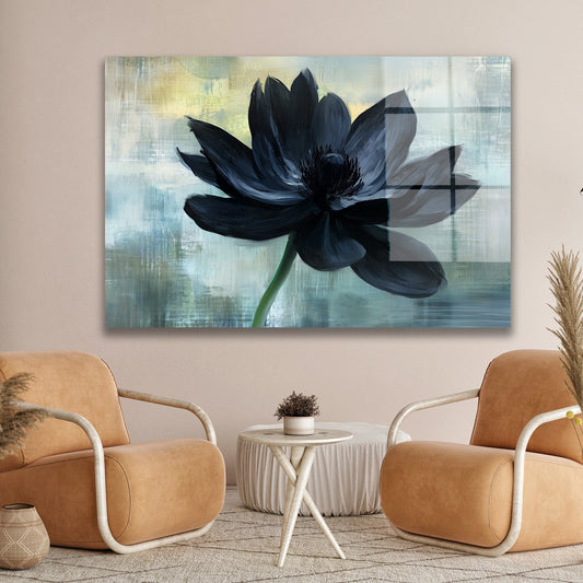 Siyah Lotus cam tablo — duvarda dekorasyon görünümü