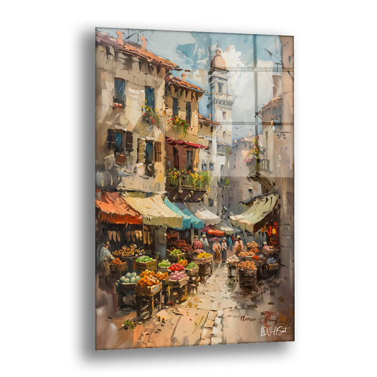 Taş Sokakta Kafe cam tablo — tenteli pazar tezgâhlarıyla dolu dar bir taş sokağı canlı fırça darbeleriyle anlatıyor.