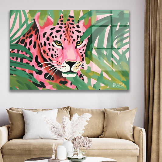 Tropikal Pembe Leopar cam tablo — duvarda dekorasyon görünümü