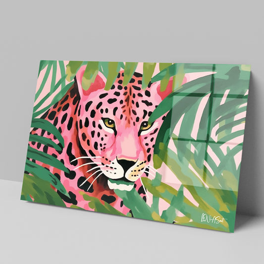 Tropikal Pembe Leopar cam tablo — iç mekân uygulama örneği