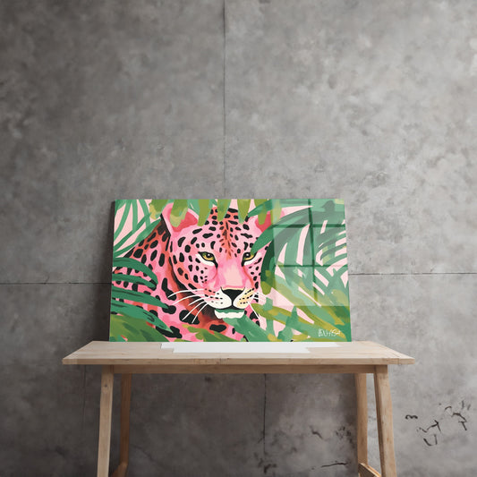 Tropikal Pembe Leopar cam tablo — farklı açıdan görünüm