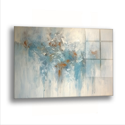 Turkuaz Altın Sis cam tablo — Açık mavi bir sis, duvarın üzerinde usulca dağılıyor.