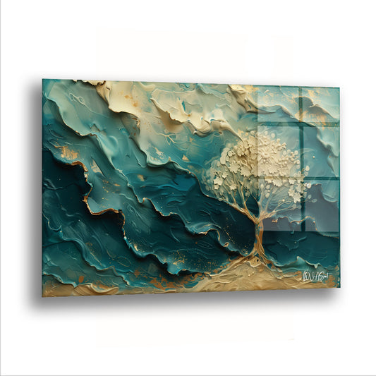Turkuaz Dalgalı Ağaç cam tablo — Dalga gibi kıvrılan yeşil kütlelerin üzerinde krem bir ağaç duruyor.