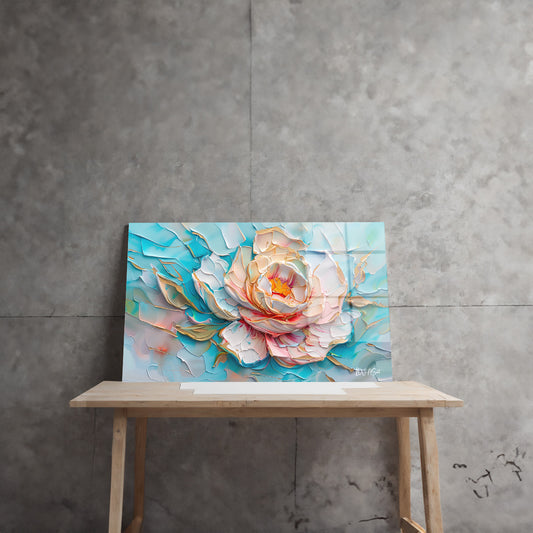 Turkuaz Kabartma Şakayık cam tablo — farklı açıdan görünüm
