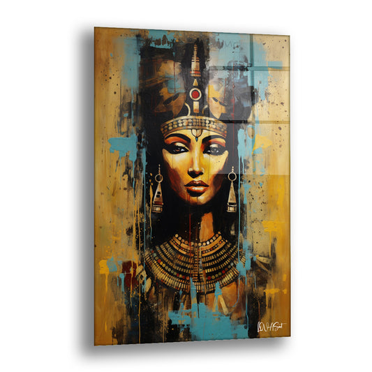 Turkuaz Nefertiti cam tablo — altın taçlı ve ağır takılı bir antik Mısır kraliçesi portresini sarı-turkuaz bir zeminde işliyo