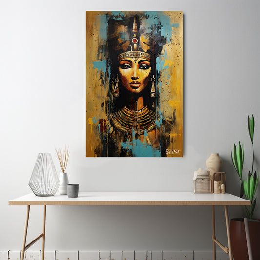 Turkuaz Nefertiti kanvas tablo — iç mekân uygulama örneği