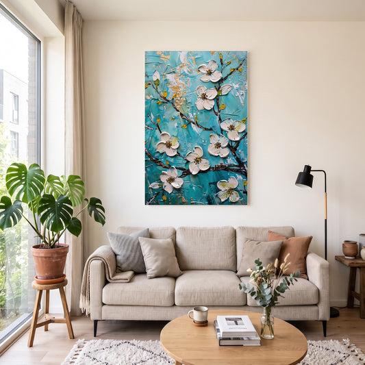 Turkuaz Zeminde Bahar Dalı kanvas tablo — duvarda dekorasyon görünümü