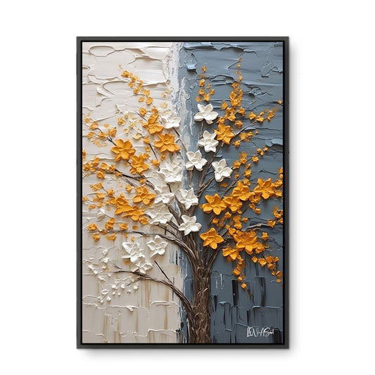 Turuncu Çiçekli Ağaç - Kalın Metal Çerçeveli Kanvas Tablo