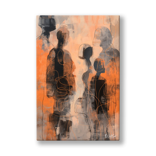 Turuncu Fonda Figürler kanvas tablo — Soluk turuncu bir sisin içinde belirsizleşen dört insan silueti.