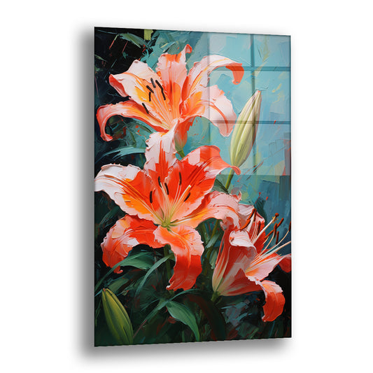 Turuncu Zambak 4 cam tablo — turkuaz bir fonda açan turuncu zambakları yağlı boya görünümüyle sunar.