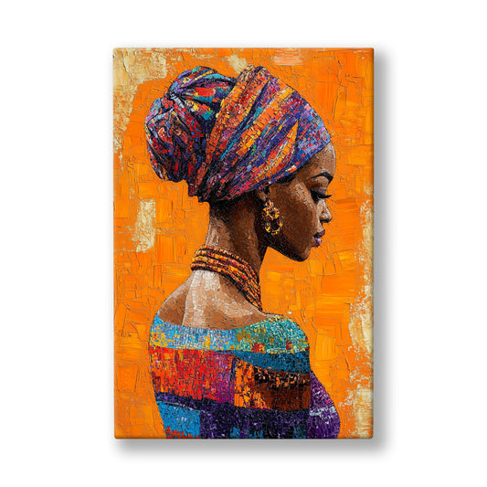 Turuncu Zeminde Sarık kanvas tablo — Turuncu bir fonun önünde rengârenk sarığıyla duran Afrikalı kadın.