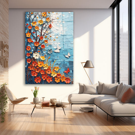 Turunculu Çiçekler cam tablo — iç mekân uygulama örneği