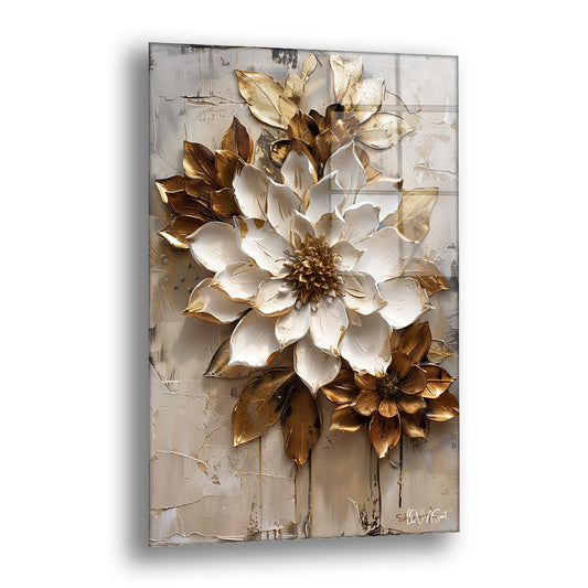 Üç Boyutlu Görünüm cam tablo — altın ve beyaz yapraklı iri bir çiçeği kabartma görünümüyle öne çıkarır.