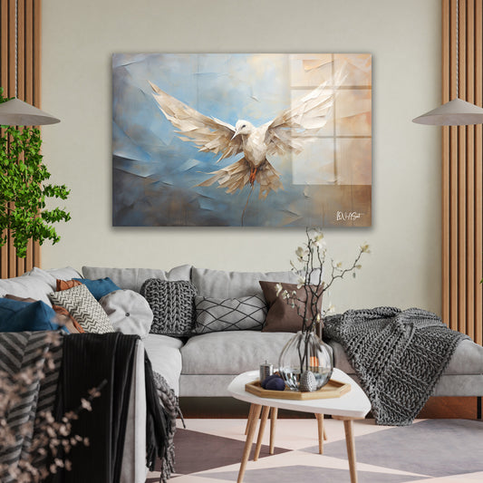 Uçan Beyaz Güvercin cam tablo — duvarda dekorasyon görünümü