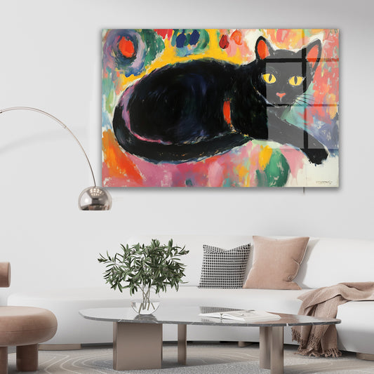 Uzanan Kara Kedi cam tablo — duvarda dekorasyon görünümü