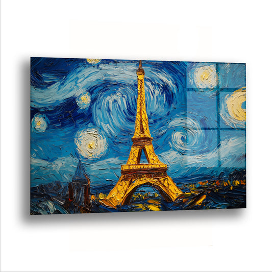 Van Gogh Tarzı Eyfel cam tablo — Girdaplı bir yıldızlı gecenin altında Eyfel Kulesi, altın ışıklarla yükseliyor.