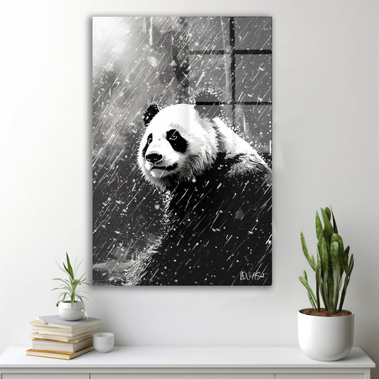 Yağmurda Panda cam tablo — duvarda dekorasyon görünümü