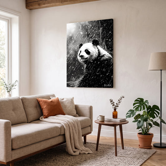 Yağmurda Panda kanvas tablo — duvarda dekorasyon görünümü