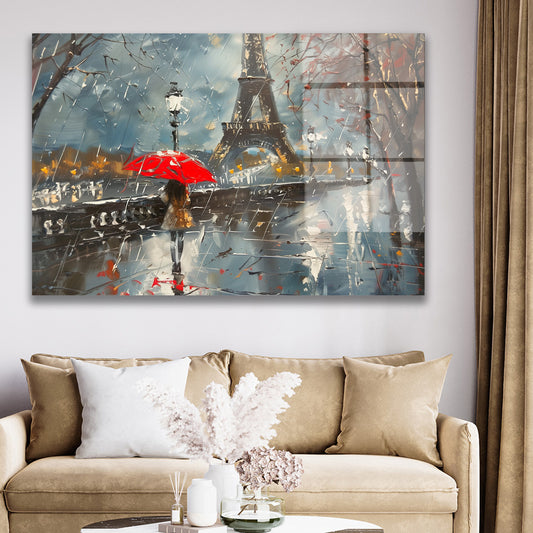 Yağmurda Paris cam tablo — duvarda dekorasyon görünümü