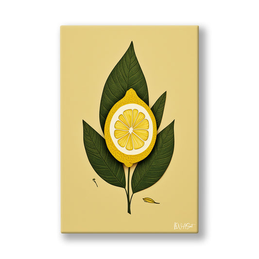 Yaprakta Limon Dilimi kanvas tablo — Hardal sarısı zeminde koyu yeşil bir yaprağın kalbinde parlayan limon dilimi.