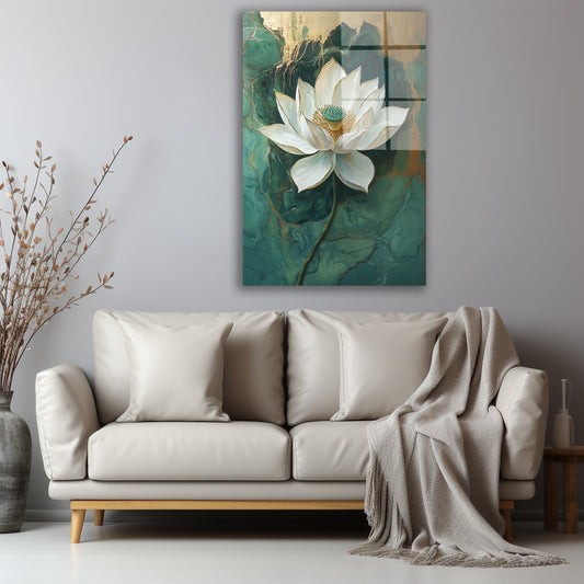 Yeşil Fonda Beyaz Lotus cam tablo — iç mekân uygulama örneği