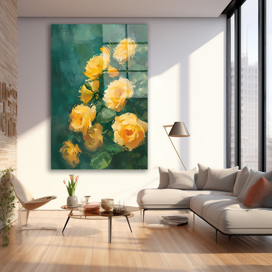 Yeşil Fonda Sarı Güller cam tablo — iç mekân uygulama örneği