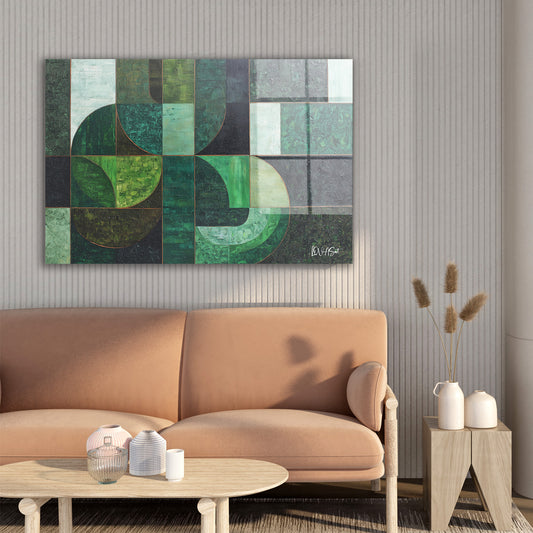 Yeşil Geometrik Desen cam tablo — farklı açıdan görünüm