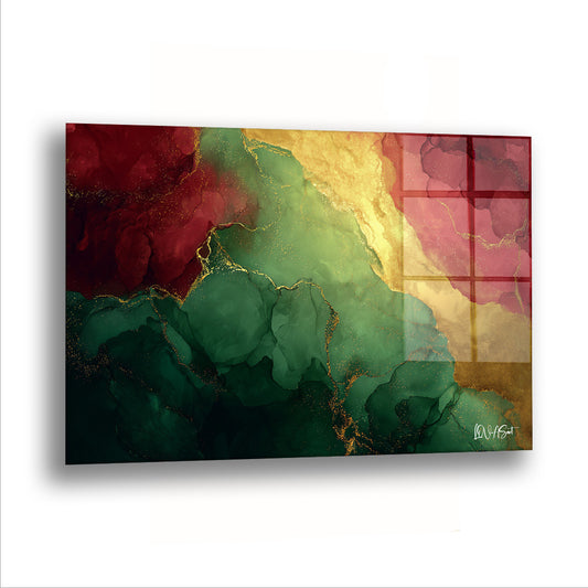 Yeşil Kırmızı Altın cam tablo — Zümrüt, bordo ve altın, birbirine karışmadan aynı yüzeyde buluşuyor.