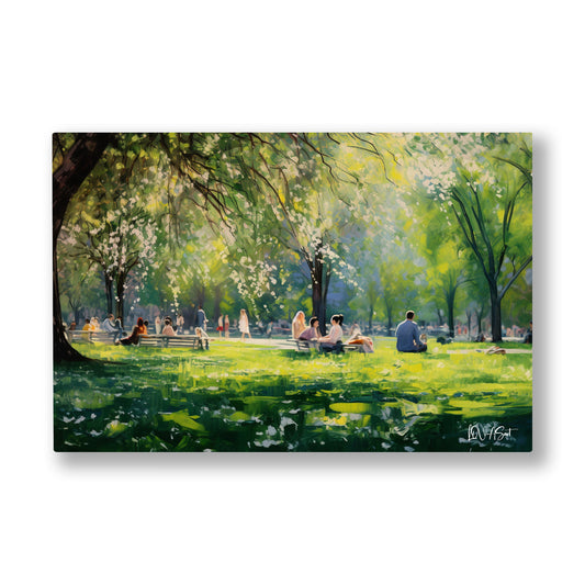 Yeşil Park Günü kanvas tablo — Parkın gölgesinde piknik örtüleri ve sohbetler güneşe yayılıyor.