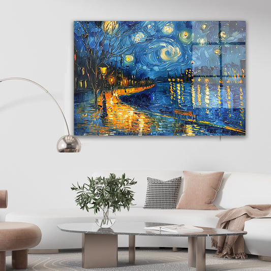 Yıldızlı Gece Nehri cam tablo — duvarda dekorasyon görünümü