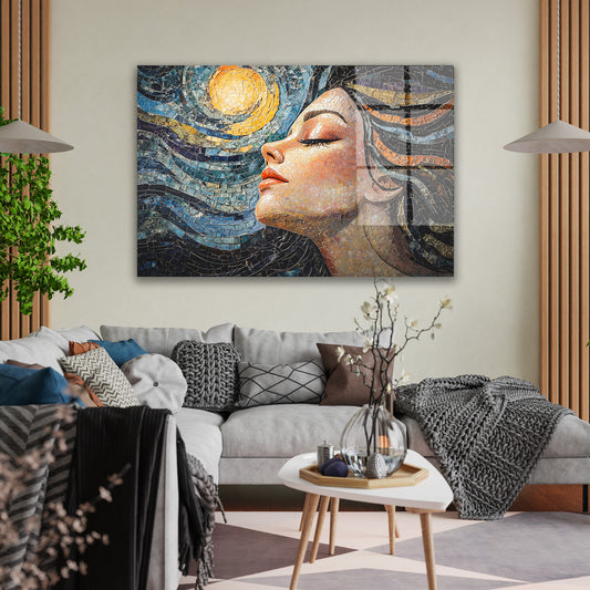 Yıldızlı Gecede Mozaik Kadın cam tablo — duvarda dekorasyon görünümü