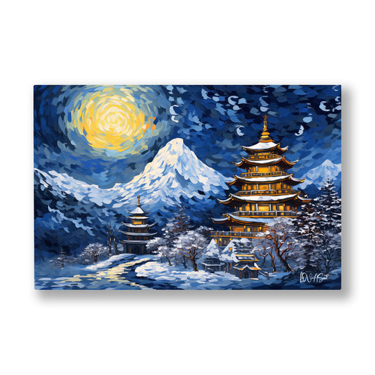 Yıldızlı Gecede Pagoda kanvas tablo — Karlı dağların eteğinde altın ışıklı bir pagoda ve iri sarı bir ay.