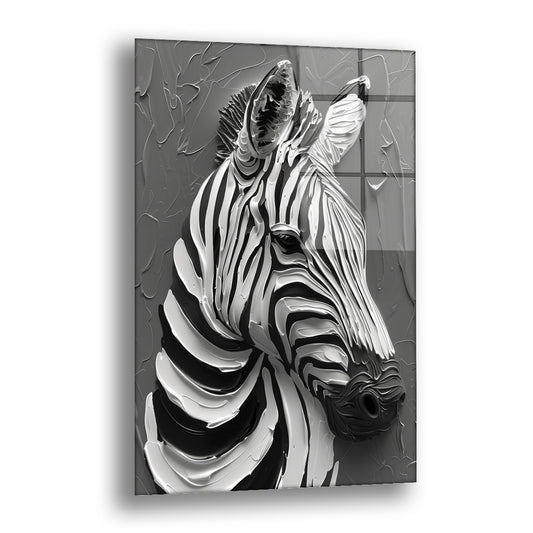 Zebra 2 cam tablo — siyah beyaz çizgili bir zebra başını kalın fırça izlerinı andıran bir gri zeminde güçlü biçimde işler.