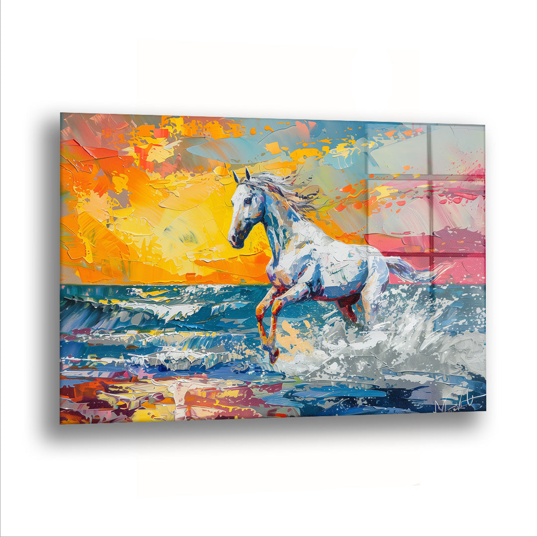 Renklerin İçinde Koşan At - Cam Tablo