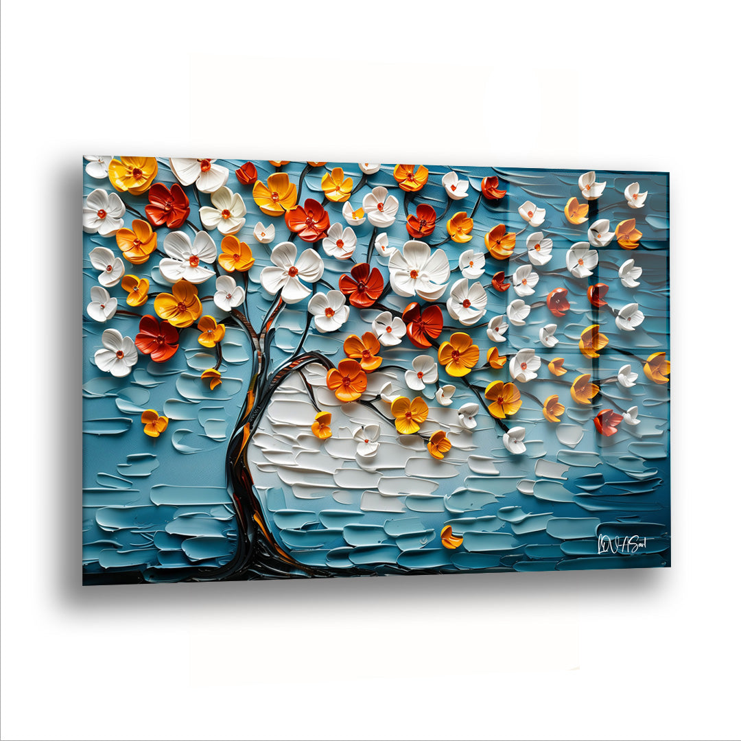 Selam Veren Ağaçlı Çiçekler - Cam Tablo