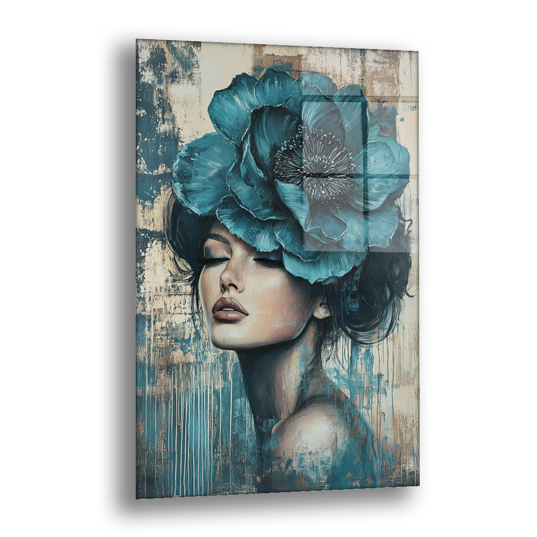 Turkuaz Güllü Kadın - Cam Tablo