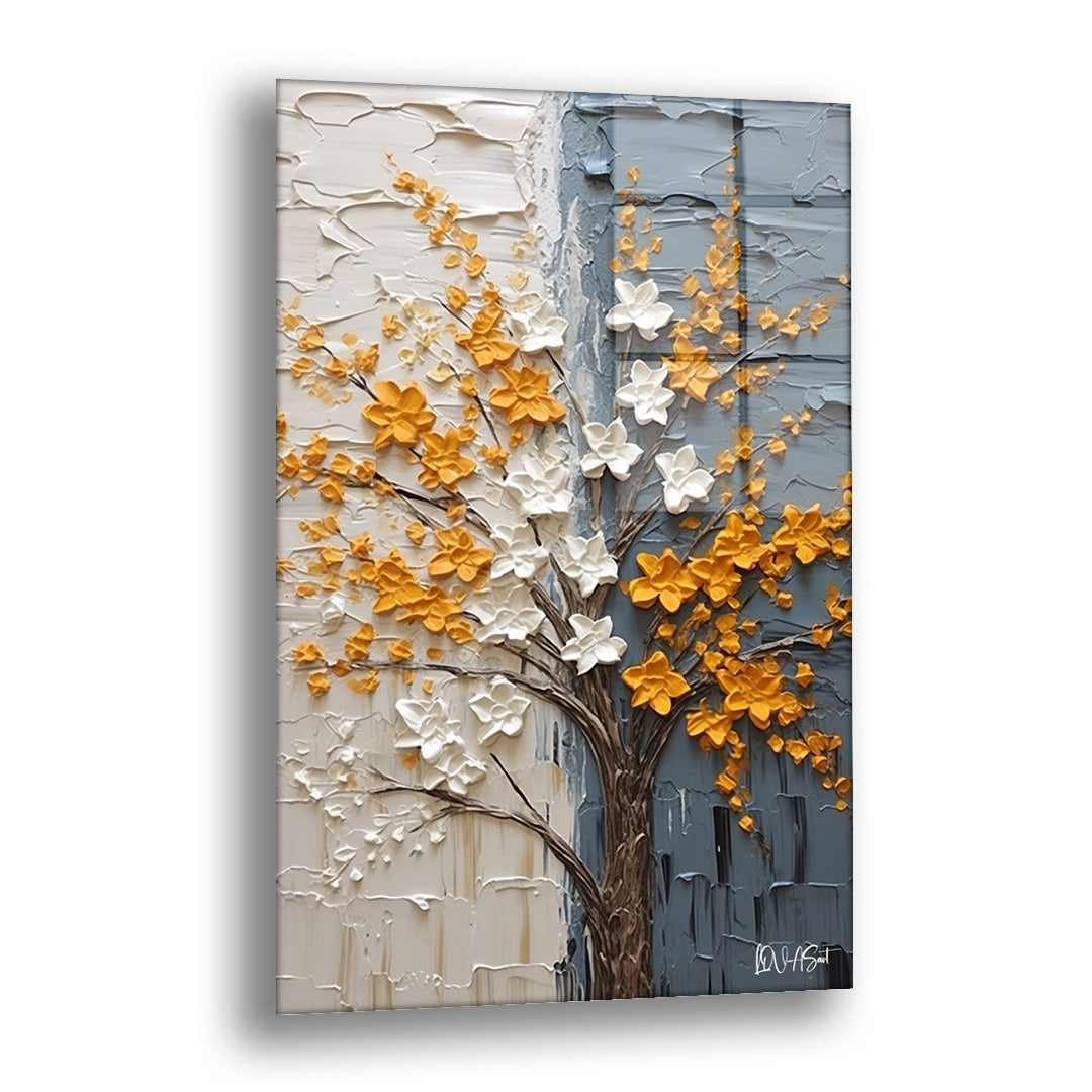 Turuncu Çiçekli Ağaç - Cam Tablo
