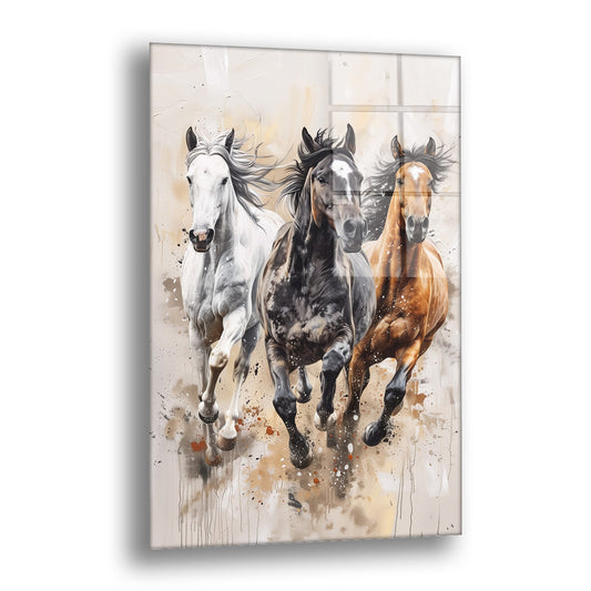 Üç Koşan At Dik - Cam Tablo