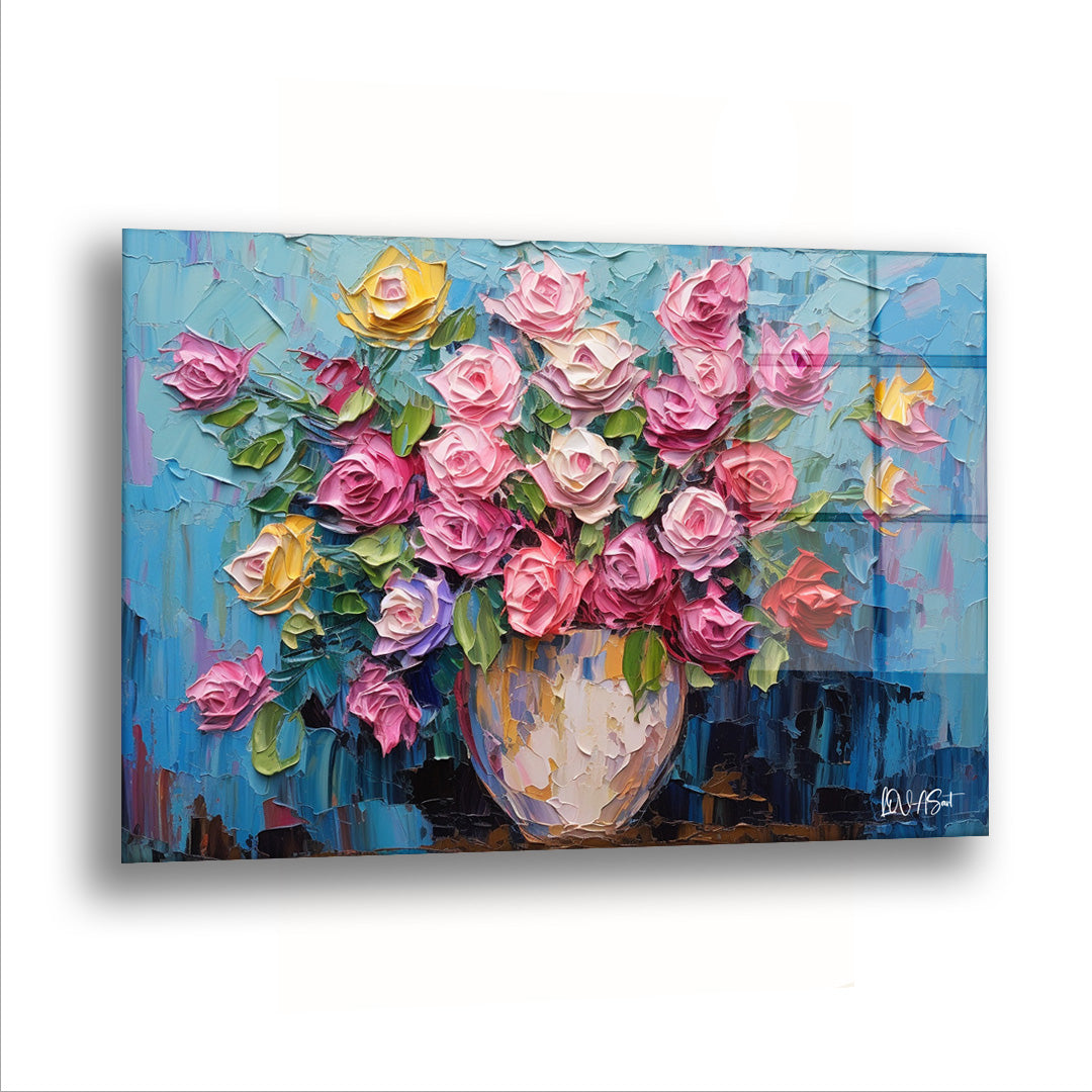 Vazodaki Pembe Güller - Cam Tablo