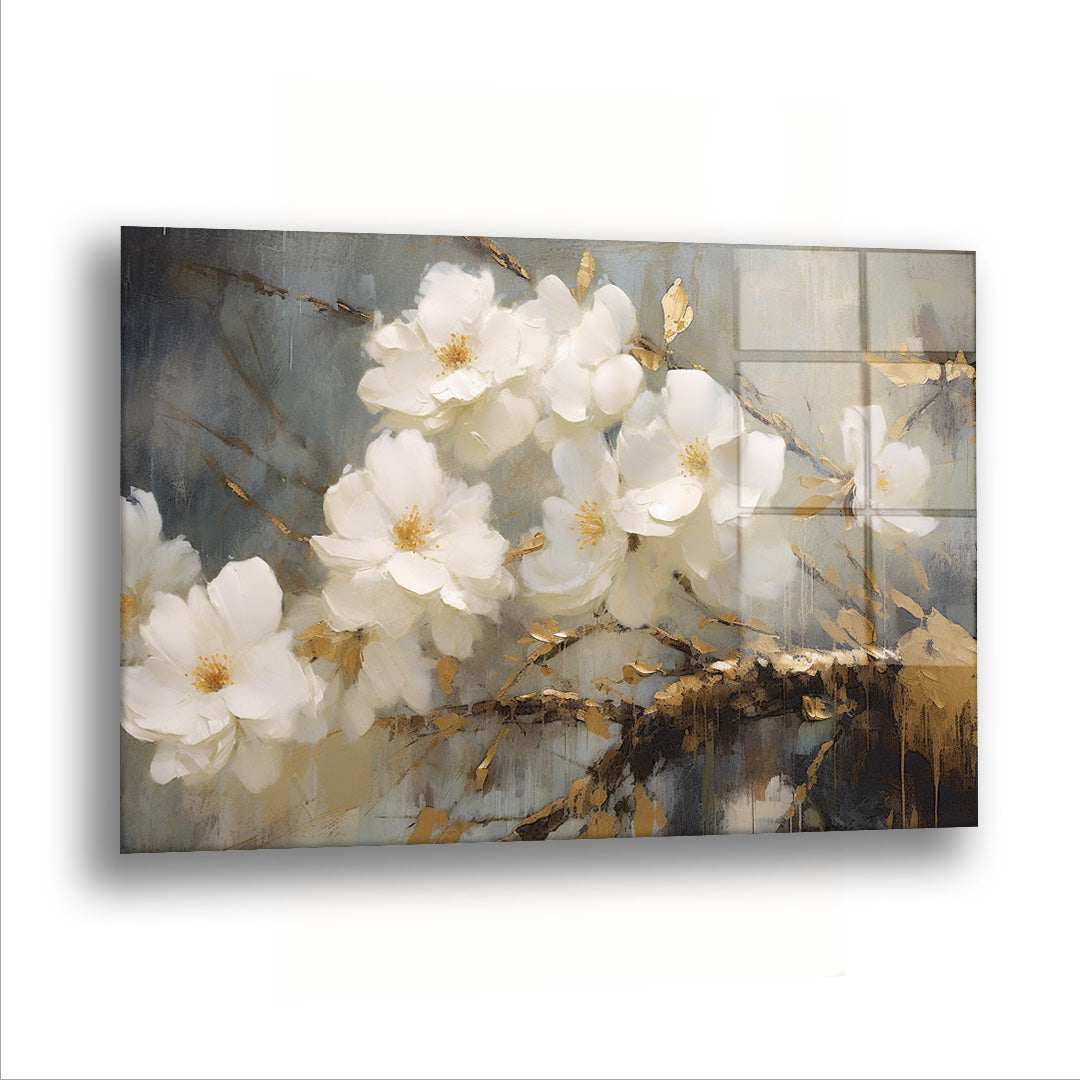 Beyaz ve Yapraklar - Cam Tablo