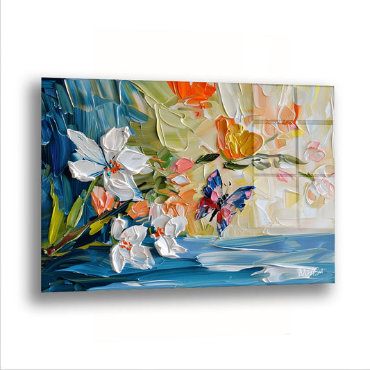 Çiçekler ve Küçük Kelebek - Cam Tablo