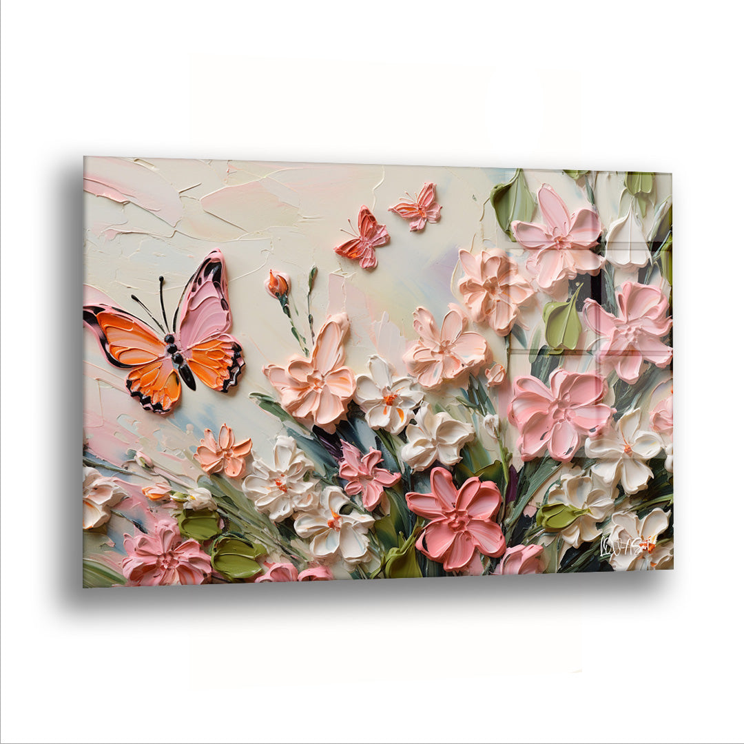 Çiçeklerin Üstündeki Kelebek - Cam Tablo
