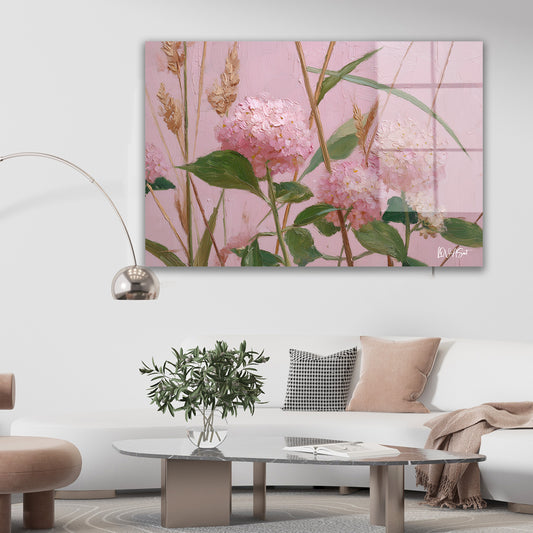 Açık Pembe Ortancalar cam tablo — duvarda dekorasyon görünümü