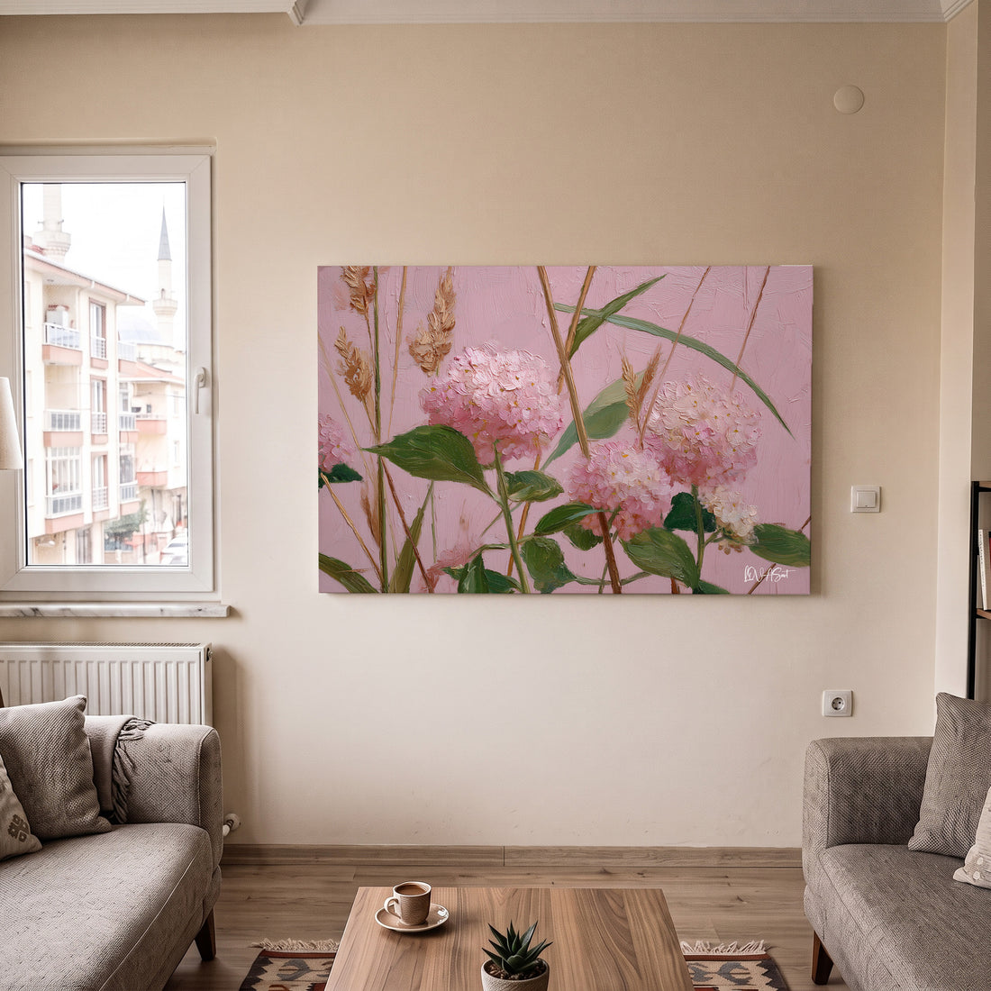 Açık Pembe Ortancalar kanvas tablo — detay görünümü