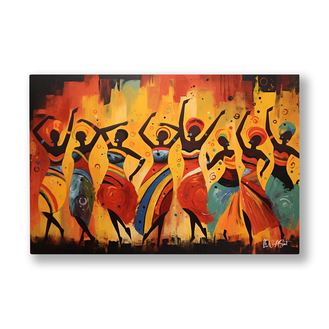 Afrikalı Dansçılar kanvas tablo — Turuncu alevli bir fonda kollarını havaya kaldırmış dansçı figürleri.