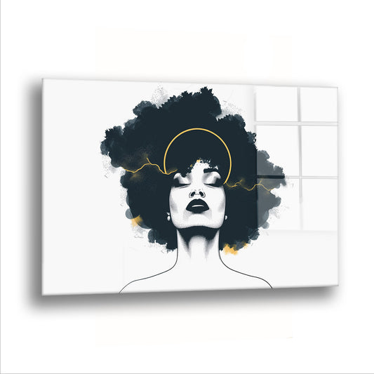 Afro Silüet cam tablo — Beyaz boşlukta tek bir siluet; fazlası zaten gereksiz.