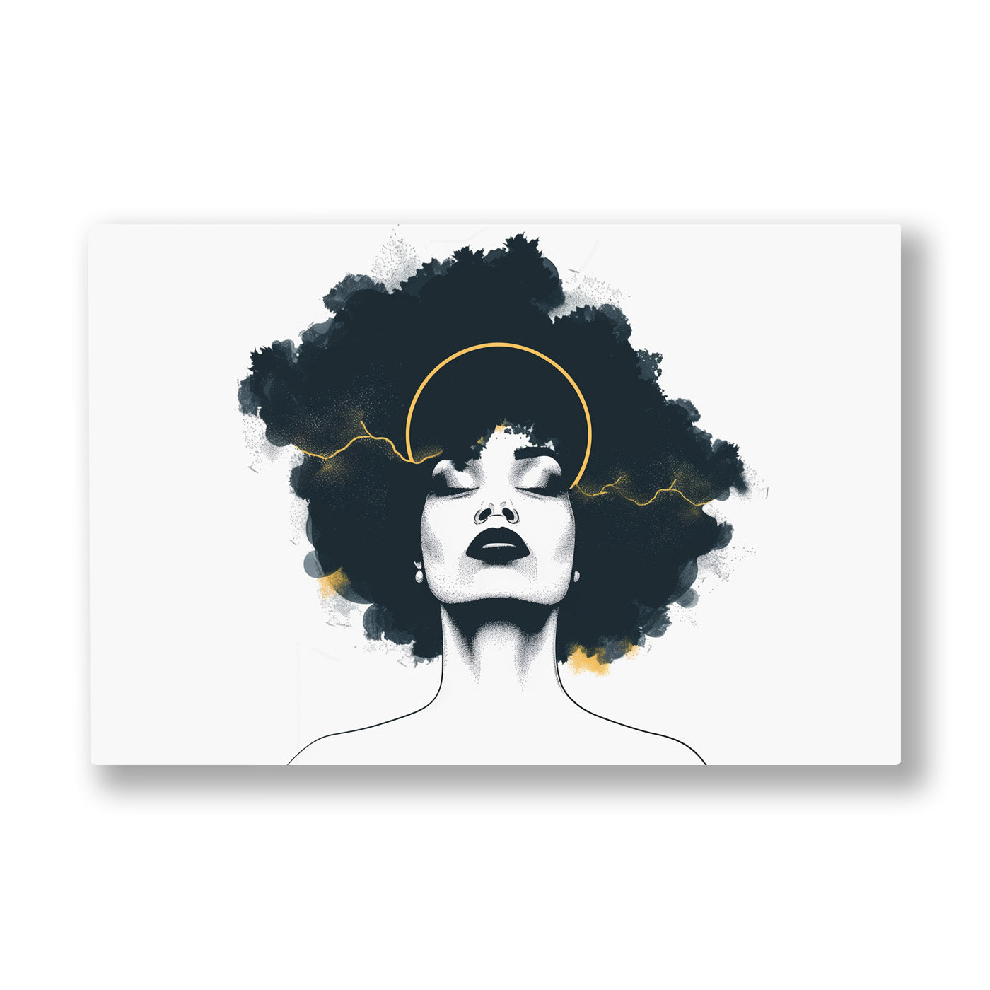 Afro Silüet kanvas tablo — Beyaz boşlukta yalnızca siyah afro saçı ve altın bir halkayla beliren yüz.