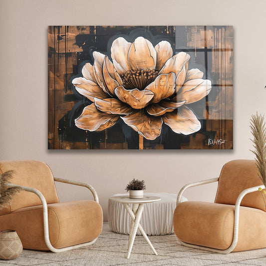 Ahşap Zeminde Lotus cam tablo — duvarda dekorasyon görünümü